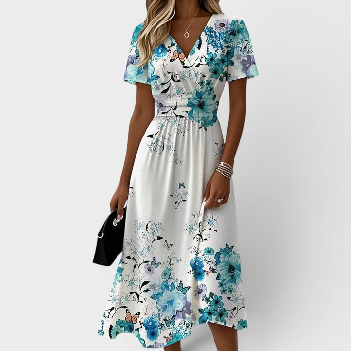 Seraphina | Vestido Midi Floral Azul con Mangas de Volante