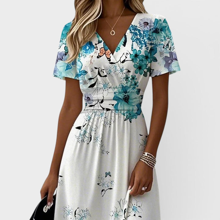 Seraphina | Vestido Midi Floral Azul con Mangas de Volante
