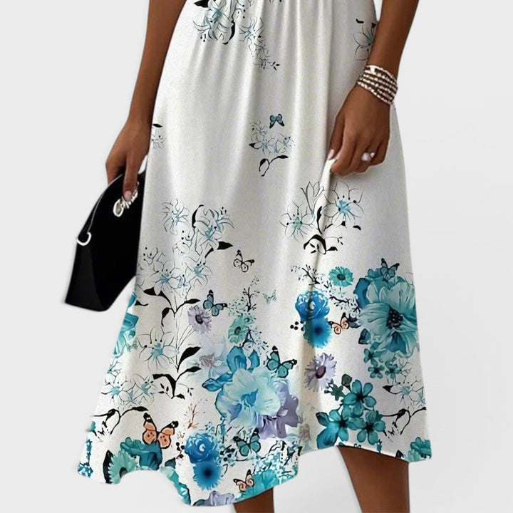 Seraphina | Vestido Midi Floral Azul con Mangas de Volante