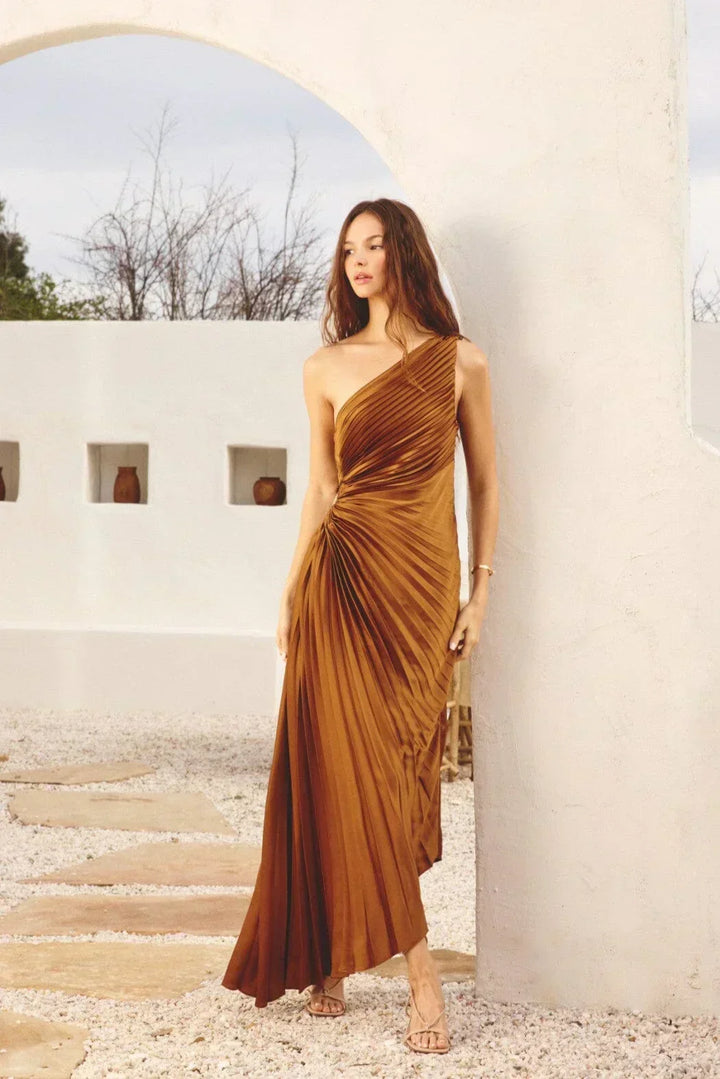 Sylviana - Vestido Midi Plisado de Un Hombro
