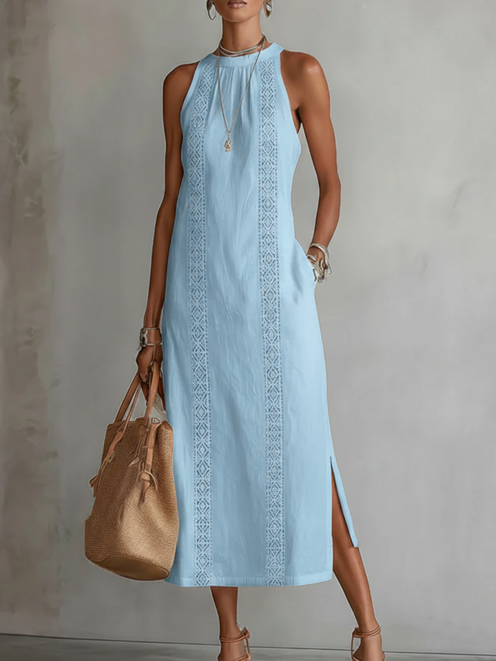 Jimena | Vestido Midi de Lino con Cuello Alto