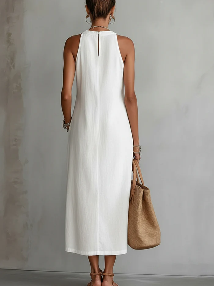 Jimena | Vestido Midi de Lino con Cuello Alto