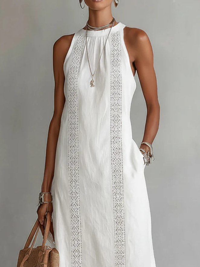 Jimena | Vestido Midi de Lino con Cuello Alto