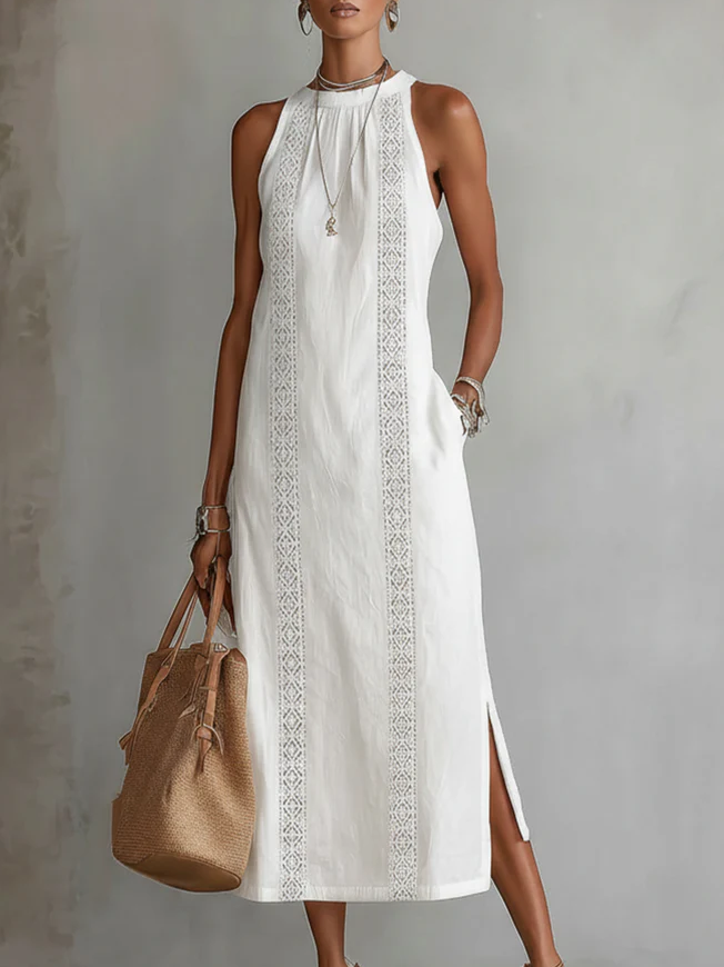 Jimena | Vestido Midi de Lino con Cuello Alto