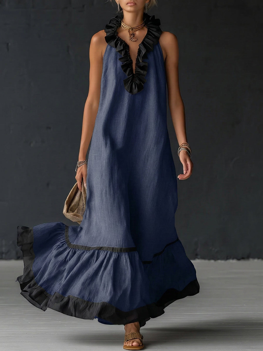 Celestine | Vestido Maxi con Volantes en Bloques de Color