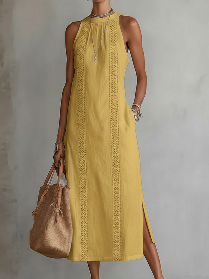 Jimena | Vestido Midi de Lino con Cuello Alto