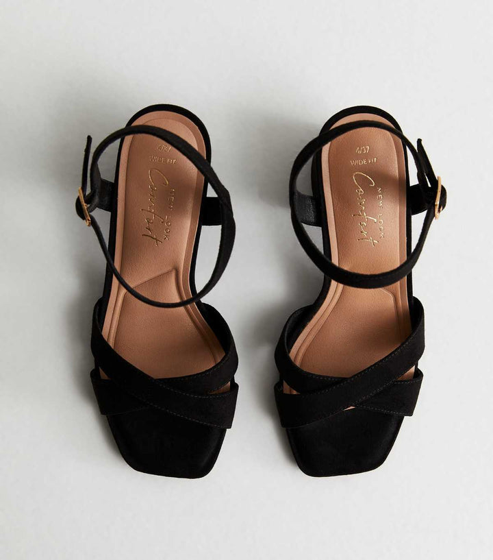 Sandalias de Tacón Bloque de 2 Partes en Ante Negro de Ajuste Amplio | New Look